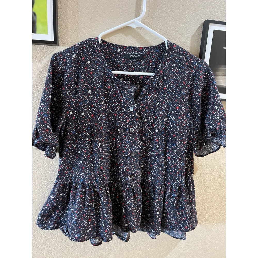 Madewell Button-Down Peplum Star Print Top Short‎ Sleeve Size Small